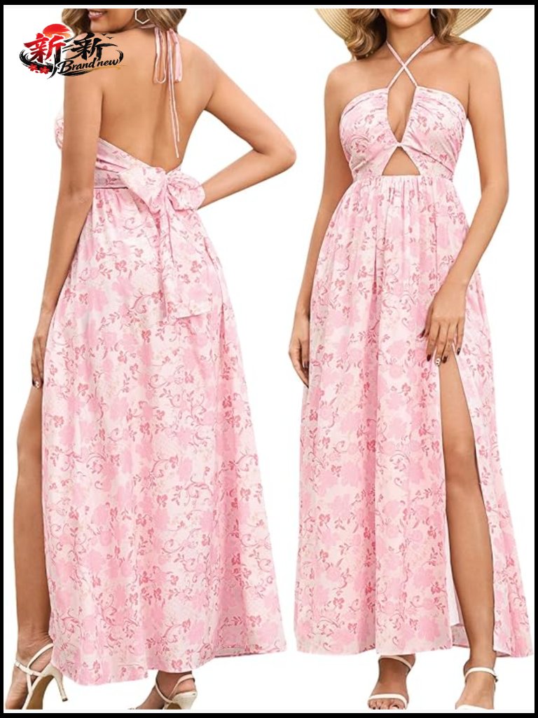 Floral Halter Maxi Dress With Slit Backless Boho Beach Vacation